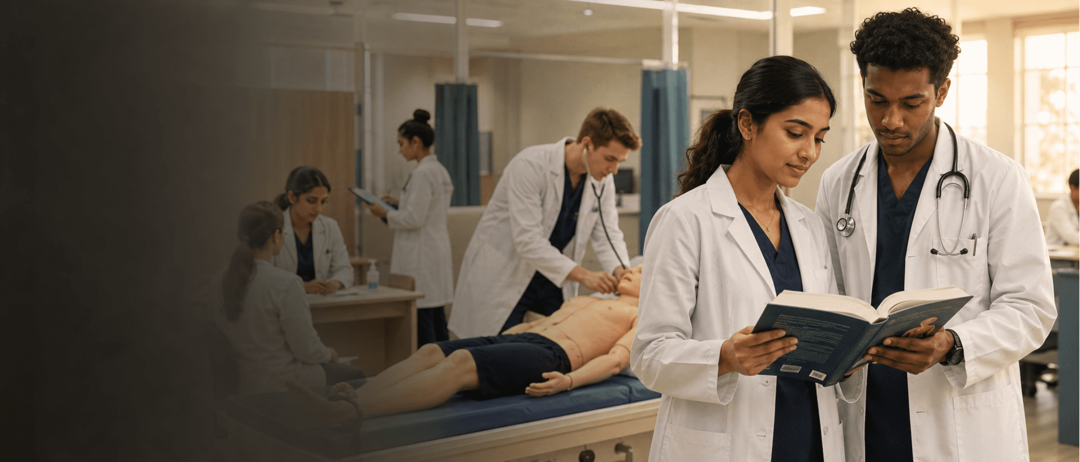 Medical students practicing OSCE clinical skills in a simulation lab