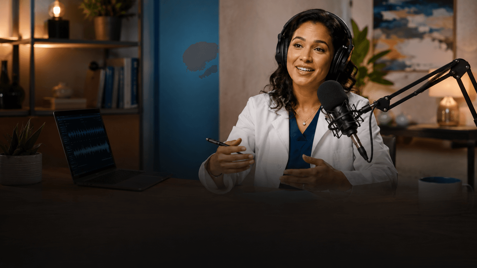 Clinician recording a MedEx medical education podcast in a studio